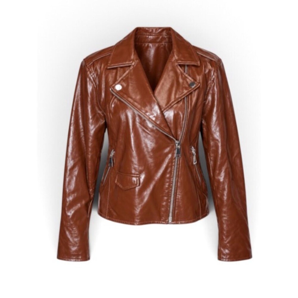 Nine West Cognac Faux Leather Moto Jacket Size M
